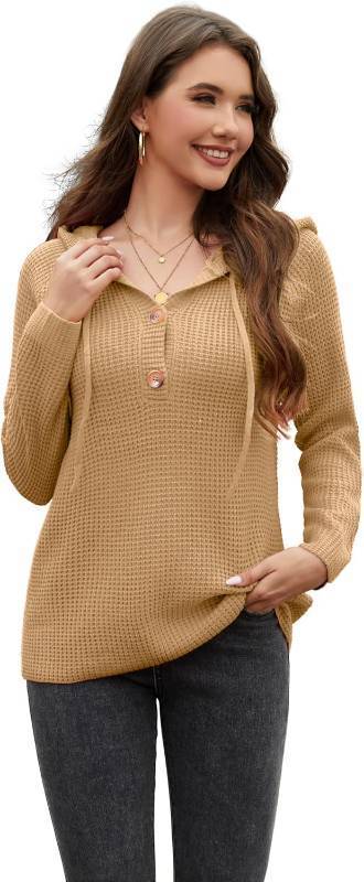 lot 38510 image: Sixstar Women Waffle Knit Fall Sweatshirt Long Sleeve V Neck Lightweight Soft Sweater Casual Pullover Tops Apricot Medium