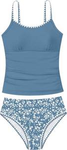 lot 17975 image: Girls Swimsuit Solid Color Tankini Contrast Trim Swimwear 2 Piece Bathing Suit Padded Swimsuits for Teens size 13-14Y