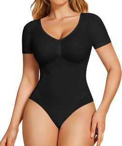 lot 17976 image: BRABIC Short Sleeve Shapewear Bodysuit for Women Tummy Control V Neck Backless Seamless Body Shaper Black Size Large
