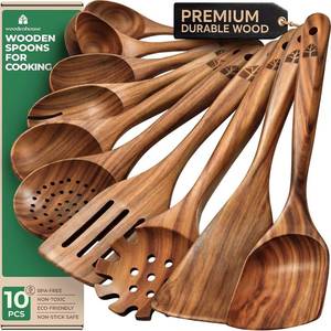 lot 17984 image: Wooden Spoons for Cooking   10 Pcs Teak Wood Utensil Set, Durable, Nonstick Safe & Heat Resistant with Ergonomic Handles