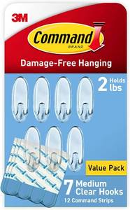 lot 17998 image: Command Medium Clear Wall Hook, 7 Wall Hook and 12 Strips, Damage-Free Hanging with Adhesive, Great for Hanging Home Decor, Holds up to 2 lb