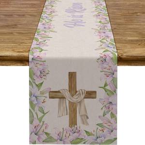 lot 18010 image: He is Risen Table Runner Easter Christian Cross Resurrection Lily Flower Spring Holiday Party Kitchen Dining Home Decor