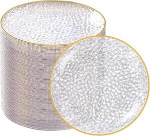 lot 18027 image: Rubtlamp 100 Pack Clear Gold Plastic Dessert Plates, 6Inch Clear Gold Small Appetizer Plates With Hammered, Heavy Duty Disposable Salad Plate, Elegant Cake Platos for Wedding, Birthday, Teatime