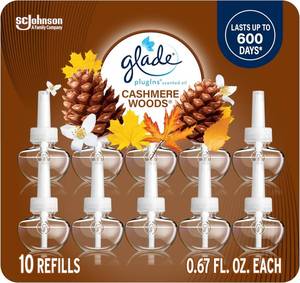 lot 18037 image: Glade PlugIns Refills Air Freshener, Scented and Essential Oils for Home and Bathroom, Cashmere Woods, 6.7 Fl Oz, 10 Count