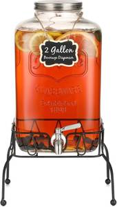 lot 18044 image: 2 Gallon Glass Drink Dispenser with Stand, Stainless Steel Leakproof Spigot and Lid, Glass Drink Dispensers for Parties, Water Beverage Dispenser