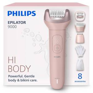 lot 18050 image: Philips Epilator Series 9000 - Cordless Wet and Dry Electric Epilator, Hair Removal for Legs, Body and Bikini, with ProGuide, 8 Accessories, 60 min. Runtime, Model BRE71700 - Retail $109.95