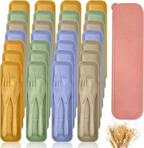 lot 18059 image: 60 Sets Wheat Straw Silverware Set Bulk Wheat Straw Cutlery Lunch Box Accessories Reusable Travel Utensils Set with Case for Operation Christmas Child Items Bulk Kids Adults Camping(Light Color)