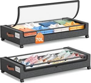 lot 18067 image: Yecaye 70L Under Bed Storage with Wheels, 2Pack Larger Capacity Under Bed Storage Containers, Underbed Shoe Storage Organizer, Rolling Under Bed Metal Drawers for Clothes, Blankets(35.5 x 17 x 6.7in)
