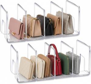 lot 18086 image: YAGELI Clear Acrylic Purse Organizer for Closet, 3-4 Section Desk File Sorter, 2.95 Wide Slots for Clutches, Handbags, Binders & Folders, Sturdy Stackable Bookshelf Organizer