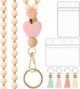 lot 18125 image: Teacher Gifts Lanyard with ID Holder Cute Wooden Beaded Lanyards for ID Card Badges Holder Boho Tassel Key Ring for Women