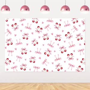 lot 18129 image: Cherry Bow Themed Party Decorations Backdrop Cherry Birthday Photography Background Pink Bow party Decorations Cherrys Themed Backdrops for Girls Baby Shower 1st 2nd 3rd Birthday Party Supplies 53ft