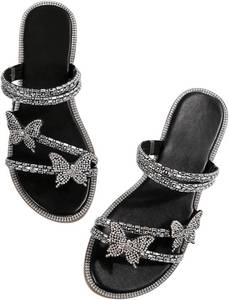 lot 18148 image: OYOANGLE Womens Rhinestone Sandals Sparkly Butterfly Strappy Flat Sandals Open Toe Elegant Dress Slides Sandals SIZE 11