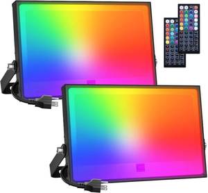 lot 18154 image: Onforu 2 Pack RGBW LED Flood Light 800W Equivalent, 100W Color Changing Floodlight with 44 Keys Remote, 2700K Warm White IP66 Waterproof Spot Lights Outdoor, Uplights for Stage, Party