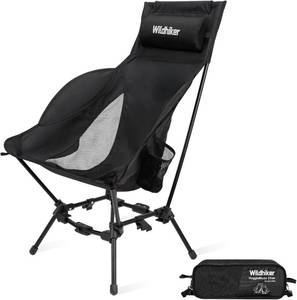 lot 18165 image: Wildhiker Compact High Back Camping Chair - Foldable with Dual Sitting Modes, Pillow, Arm Pads and Side Pockets - Lightweight Portable Chair for Motorcycle, RV, Festival, Travel - Black