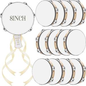 lot 18180 image: 12 Set 8 Inch Tambourine for Adults Tambourines Bulk Wooden Hand Held Drum with Metal Jingles, Gift Tags, Ribbon Percussion Gift Musical Instrument for Church Wedding (Single Row)