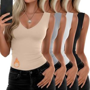 lot 18187 image: 4 Pack Womens Thermal Tank Tops, V Neck Fleece Lined Underwear Top Sleeveless Warm Cami Base Layer Vest SIZE L