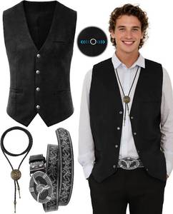 lot 18189 image: 3 PCS Cowboy Outfit for Men, Western Cowboy Costume Vest, Men Cowboy Costume with Western Belt Necktie for Halloween Party