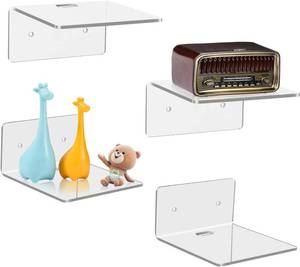 lot 18209 image: 4 Pack Small Wall Shelf, 4 Acrylic Wall Shelves Display Ledges for Storage & Decoration, Small Floating Shelf for Wall with 2 Types of Installation (Adhesive or Screw)