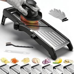 lot 18214 image: Mandoline Food slicer for kitchen, Adjustable Stainless Steel Mandoline Vegetable slicer, Food slicer Onion Potato Chip French Fry, 7 in-1 Adjustable Blade, Including 1 Pair of Gloves