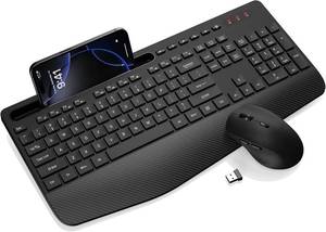 lot 18216 image: Wireless Keyboard and Mouse Combo - Full-Sized Ergonomic Keyboard with Wrist Rest, Phone Holder, Sleep Mode, 2.4G Quiet Keyboard for PC Laptop, Complete Work Setup for Office or Home -Trueque KM23