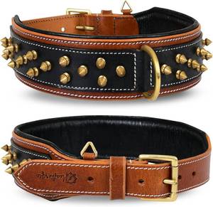 lot 18221 image: Spiky Series Heavy Duty Spike Dog Collar  Premium Genuine Bridle Leather, Padded, Strong, 2 Wide, for Extra Large & Giant Breeds, Black Brown Charcoal, XL fits Neck Size 22-26