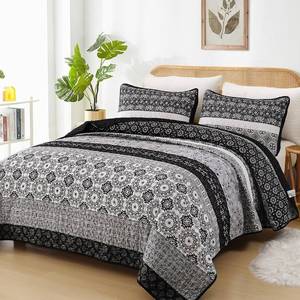 lot 18226 image: WONGS BEDDING Boho Quilt Set Queen Size,Black Bohemian Striped Patchwork Bedspread Set,3 Pieces Microfiber Bedding Set for All Seasons (96x90)