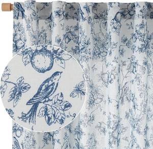 lot 18236 image: Vangao Linen Floral Curtains for Living Room 63 Inch Length Toile Blue and White Drapes French Country Back Tab Light Filtering Printed Bedroom Decor Rod Pocket Window Treatments 2 Panels Set