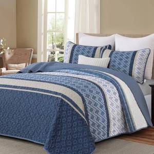 lot 18239 image: Dinjoy Boho Queen Quilt Set, Blue Striped Bedspread Queen Size,Navy Blue Bedding Sets 3 Pieces Micofiber Lightweight Fall Quilts with 2 Pillow Shams Coverlet Bed Sets for Women Men 96x90