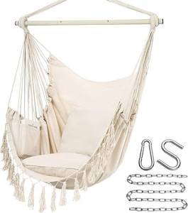 lot 18240 image: Y- STOP Hammock Chair Hanging Rope Swing, Max 500 Lbs, 2 Cushions Included, Large Macrame Hanging Chair with Pocket for Superior Comfort, with Hardware Kit (Beige)