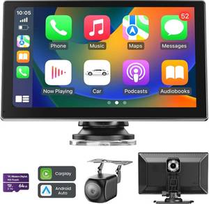 lot 18248 image: 9 Wireless Apple Carplay Screen for Car, Portable Car Play Screen for Car &amp Android Auto, 4K Dash Cam, 1080p Backup Camera, GPS Navigation, Car Audio Receivers Mirror Link, Bluetooth, FM, Siri - Retail $119.99