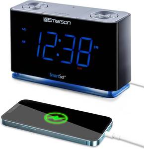 lot 18262 image: Emerson CKS1507 Smartset Radio Alarm Clock, 1.4 Blue LED Digital Display, USB Charging Port, Brightness Dimmer Controls, Bluetooth Connectivity, Set Alarm to Radio, Music, or Buzzer, Black