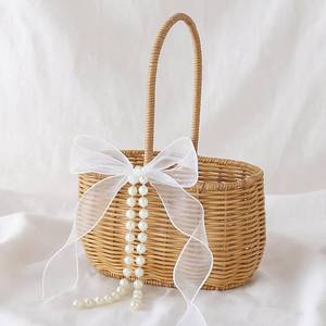 lot 18269 image: SiliFine 1 Pcs Wicker Rattan Flower Girl Basket with Bows and Pearl 11.8x8.7x5.1 Inches Rustic Wedding Basket for Flower Girl, Hand Woven Willow Storage for Ceremonies Home Decoration (Large,Classic)
