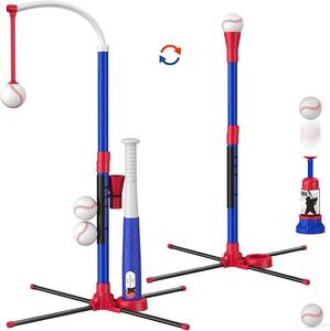 lot 18272 image: HYES 3-in-1 Baseball Set for Kids 3-5 - Tee Ball Stand, Hanging Tee, Ball Launcher and 6 Softballs - Adjustable Height, IndoorOutdoor Sport Gifts for Boys Girls, Blue