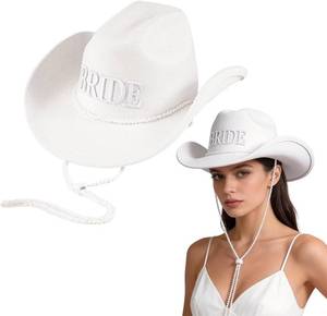 lot 18278 image: Bride Cowgirl Hat, White Bride Cowboy Hat for Bachelorette Party Decorations, Bridal Shower, Shape Felt Western Hats
