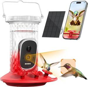 lot 18297 image: Smart Hummingbird Feeder Camera with AI Identification, 2.5K HD &amp Color Night Vision, Solar Powered Outdoor, IP66 Weatherproof   Garden Decor &amp Gift for Dad (Red Ombre) - Retail $99.99