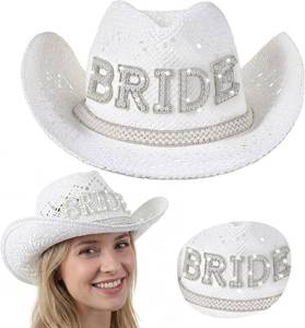 lot 18313 image: Newcotte Bride Cowgirl Straw Hat White Wide Brim Beach Cowgirl Hat with Pearl Bride Letters for Bachelorette Party Bridal Shower Wedding Honeymoon Bridal Gift