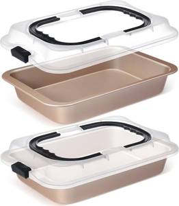 lot 22303 image: Qinyoung 2 Pcs Cake Baking Pan with Lid and Handle, 9 x 13 Inch Non-stick Rectangle Sheet Cake Pan Carrier for Brownie Roasting Cooking Baking (Gold)