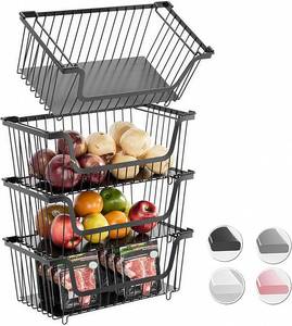 lot 22305 image: GAOKASE 4 Pcs Stackable Wire Baskets for Pantry Organizers and Storage,Vegetable Fruit Basket for Countertop,Kitchen Storage Metal Baskets,Produce Potato Onion Storage Bin-Black