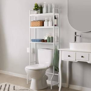 lot 22399 image: Over The Toilet Storage Rack 3 Tier Over Toilet Bathroom Organizer Wooden Behind The Toilet Storage Standing Shelf with 4 Hooks and Toilet Paper Holder, Space Saver, White