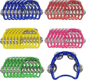 lot 22402 image: 50 Pack Colored Plastic Tamborines Percussion, Hand Tambourine with 4 Bells, Mini Percussion Tambourines Bulk, Hand Musical Rhythm Instrument for Christmas Party Church Favors