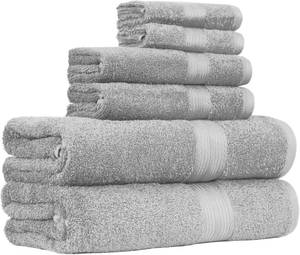 lot 22414 image: Amazon Basics 6-Piece Fade-Resistant 100% Cotton Towel Set for Bathroom, Soft and Absorbent, 2 Bath Towels, 2 Hand Towels, 2 Washcloths, Gray