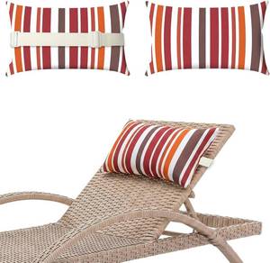lot 22415 image: Chaise Lounge Head Pillow, 2 Pack Oudoor Patio Pillow with Elastic Strap Water Resistant Headrest Pillows for Recliner, Beach Chair, Office Chair Neck, Red Stripes