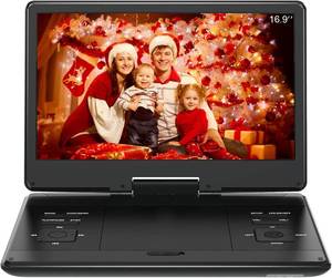 lot 22421 image: 16.9 Portable DVD Player with 14.1 Large HD Screen,High Volume Speaker,4-6 Hours Built-in Rechargeable Battery,Support USBSD CardSync TV and Multiple Disc Formats,Region Free,Remote Control,Black