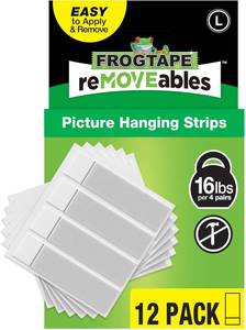 lot 22424 image: FrogTape reMOVEables Large Picture Hanging Strips - 12 Pairs - 16lbs per 4 Pairs - Damage-Free Removeable Adhesive Wall Strips Picture Hangers for Mounting Frames, Canvas, Home D cor White (24 Pieces)