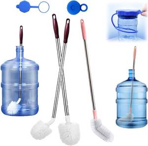 lot 22433 image: Bottle Brush, 3 Pack Long Handled Bucket Brushes with 2 Water Jug Caps, Stiff Nylon Bristles and Stainless Steel Handle, Suitable for Cleaning 1 to 5 Gallon Buckets, Glassware, Mugs