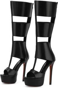 lot 22447 image: FancyQueen Platform Knee High Sandals for Women, Gladiator Open Toe Summer Booties Black Heels Sandal Boots, Sexy Style Casual for Party Size 8.5