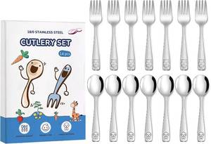 lot 22450 image: 14-Piece Toddler Utensils, Children Safe Forks and Spoons, Kids Stainless Steel Silverware Set, Mirror Polished, Dishwasher Safe