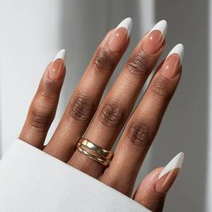 lot 22451 image: BTArtbox French Tip Press On Nails - Medium Press On Nails Almond, Natural Fake Nail with Nail Glue, Brown Glue On Nails in 16 Sizes - 32 Fake Nails Kit, Capable