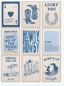 lot 22454 image: HHN 9Pcs Coastal Granddaughter Blue Aesthetic Trendy Prints Wall Art Decor Long Live Cowgirl Poster Preppy Room Horseshoe Boots Western Dorm Bathroom Gallery Dorm Living Bedroom Decoration Unframed