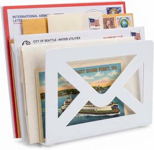 lot 22471 image: MyGift White Metal Desktop Mail Holder with Cutout Envelope Design Home and Office Desk Letter Organizer
